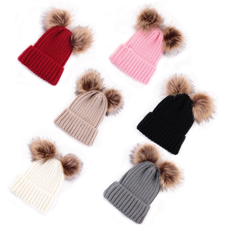 Womens Winter Hat Knit Beanie Double Faux Fur Pom Pom Ears