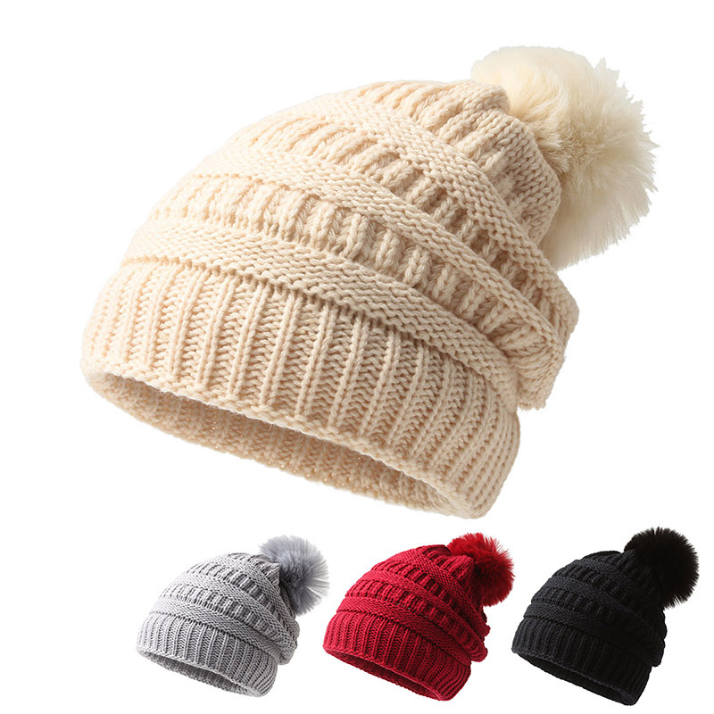 Women Knit Beanie Hat with Faux Fur Pompom Winter Soft Warm Ski Cap