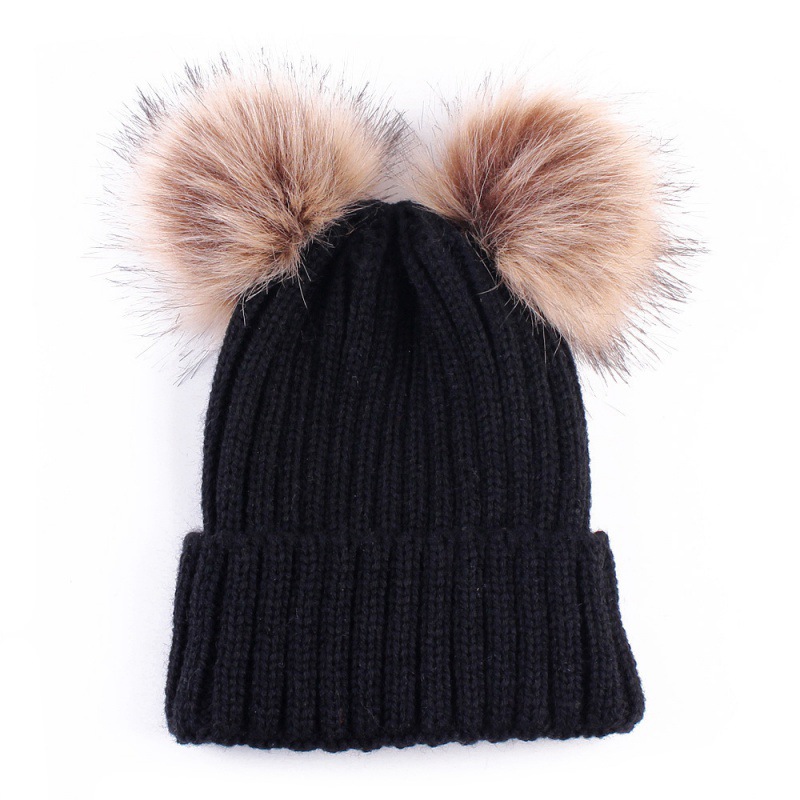 Womens Winter Hat Knit Beanie Double Faux Fur Pom Pom Ears-product
